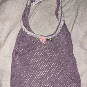Purple Mesh Halter Top with Lace Trim